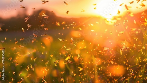 Insects flying at sunset in wild meadow - The warm glow of the setting sun illuminates insects taking flight in a wild meadow  creating a peaceful scene