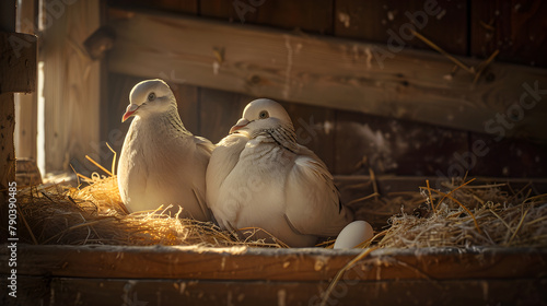 Elegant Picture of White Pigeons Engaged in Successful Breeding in a Rustic Dovecote