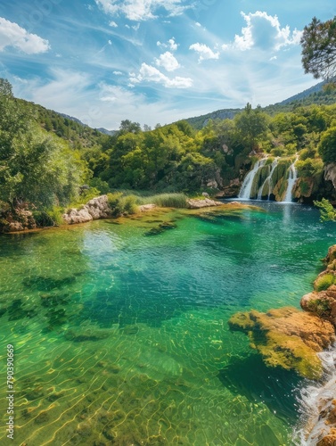 Serene waterfall in a lush green forest landscape - This serene image captures a majestic waterfall flowing into a crystal-clear pond surrounded by greenery