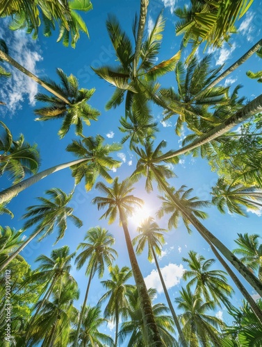 Tropical Palm Trees Against Clear Blue Sky - Vibrant image showcasing a group of tropical palm trees with lush green fronds against a stunning clear blue sky with a radiant sun