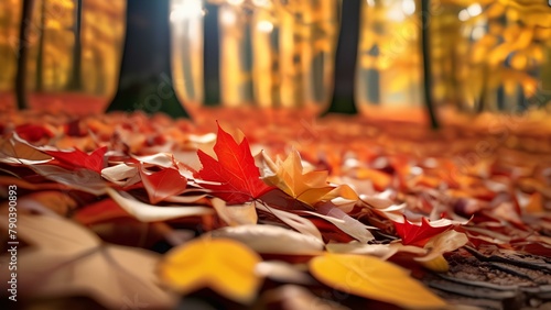 Close up photo vibrant autumn leaves scattered across the forest floor shades of red orange yellow