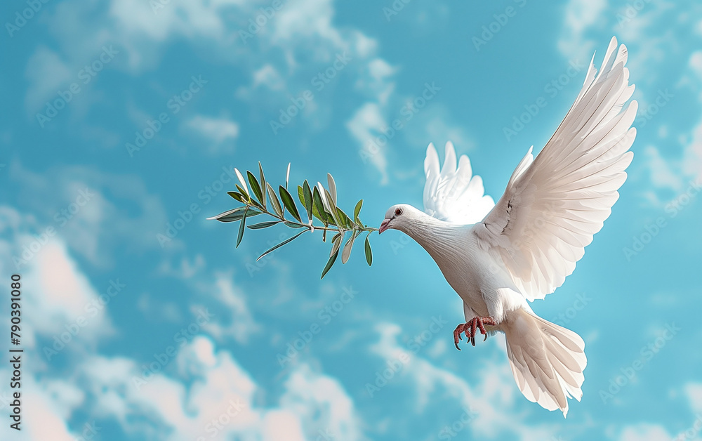 Obraz premium Experience serenity as a white dove gracefully carries an olive branch into a boundless blue sky - Pentecost or Peace theme