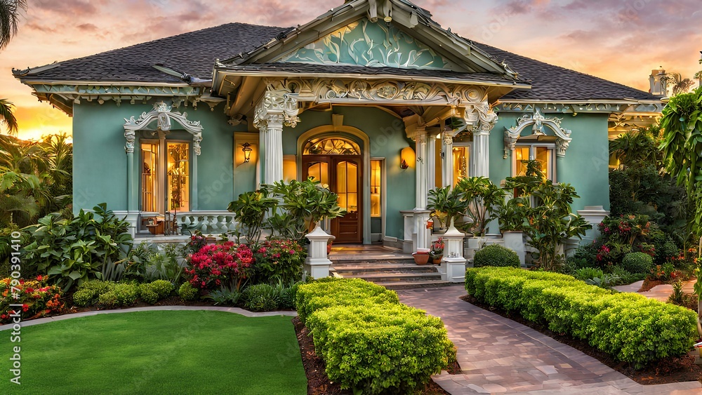 Fototapeta premium Luxurious bungalow exterior featuring vivid paint colors adorned with intricate architectural details