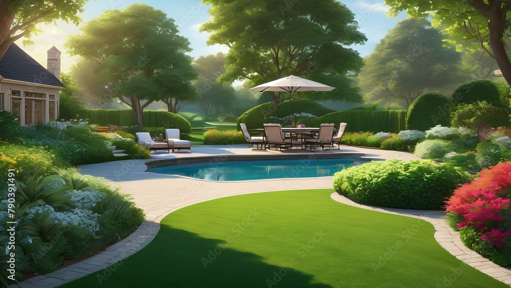 Fototapeta premium Manicured lawn glowing with vibrant greenery outdoor furniture meticulously arranged for relaxation
