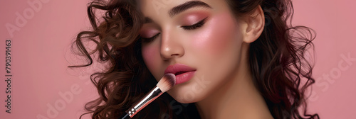 A beautiful woman with long brown curly hair, wearing soft pink eyeshadow and blush on her cheeks is applying powder to the cheekbones of one side of her face using a makeup brush photo