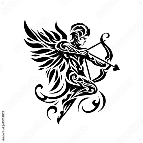 cupid in modern tribal tattoo, abstract line art of people, minimalist contour. Vector