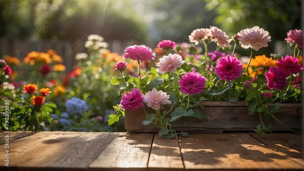 Morning light bathing zinnias in a wooden planter in a garden Morning light bathing zinnias in a wooden planter in a garden