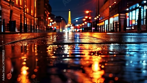 The reflection of city lights on a rainy pavement for an abstract effect