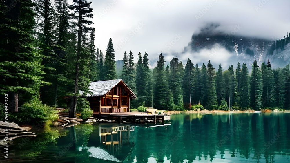 Fototapeta premium Photo of a serene lakeside cabin surrounded by towering pine trees