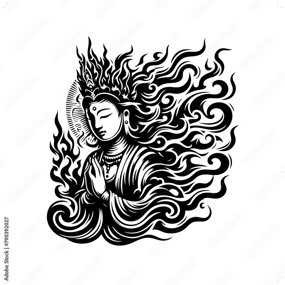 guan yin; deity mythology in modern tribal tattoo, abstract line art of deity, minimalist contour. Vector