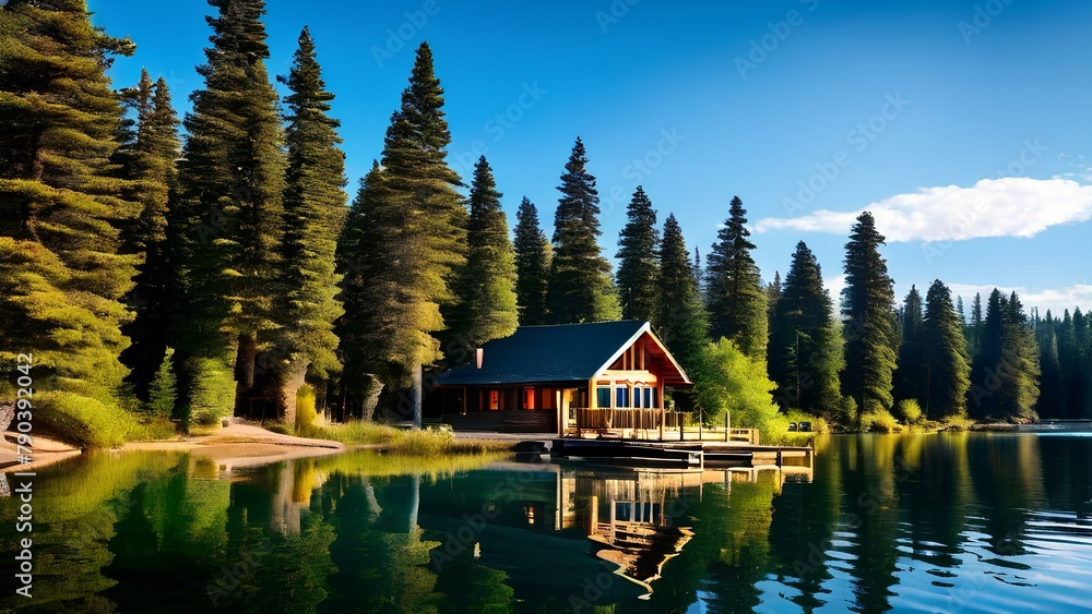 Photo of a serene lakeside cabin surrounded by towering pine trees