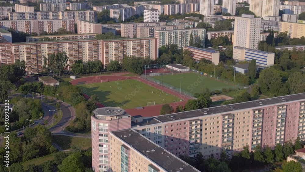 urban sports complex and residential area. Great aerial top view flight drone urban sports complex and residential area. Great aerial top view flight drone