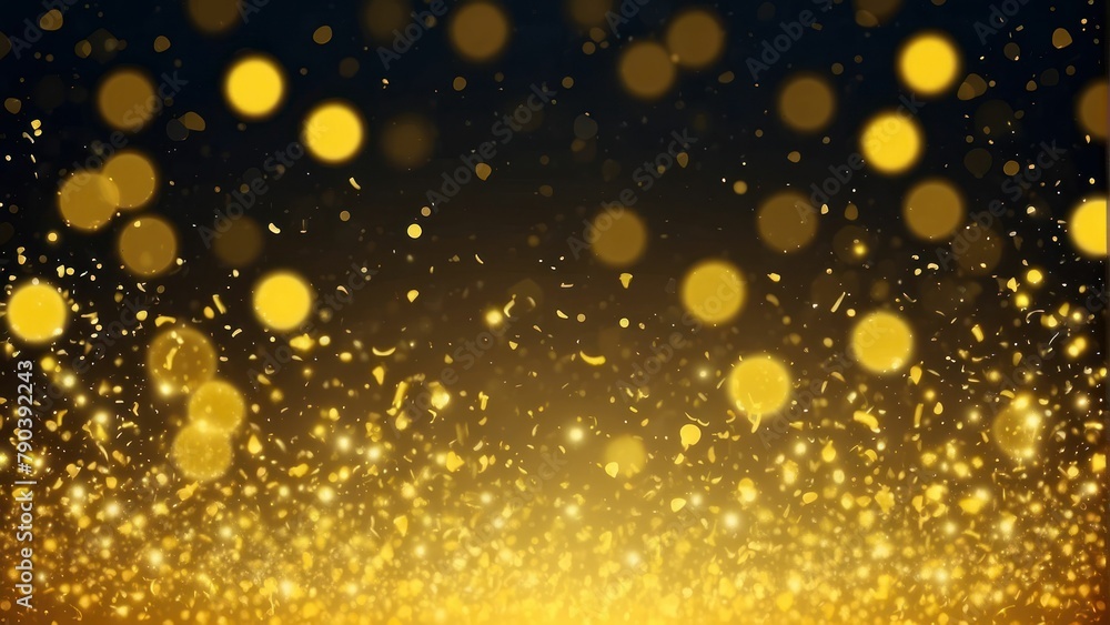 Golden bokeh lights with glitter on a dark background