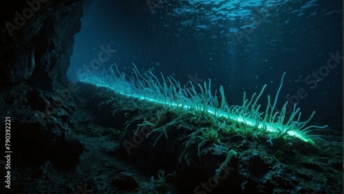 Bioluminescent marine life underwater scene