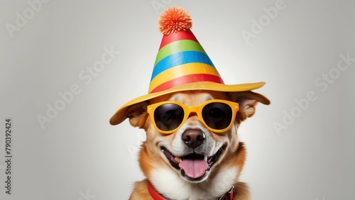 Happy dog in sunglasses evoking a fun summer vibe