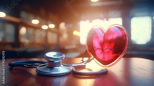 Stethoscope and notebook with heart shape on table. 3d rendering #790392478
