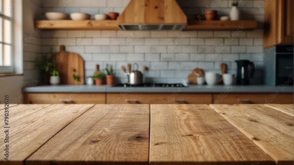 Cozy kitchen interior with focus on a wooden table and blur background