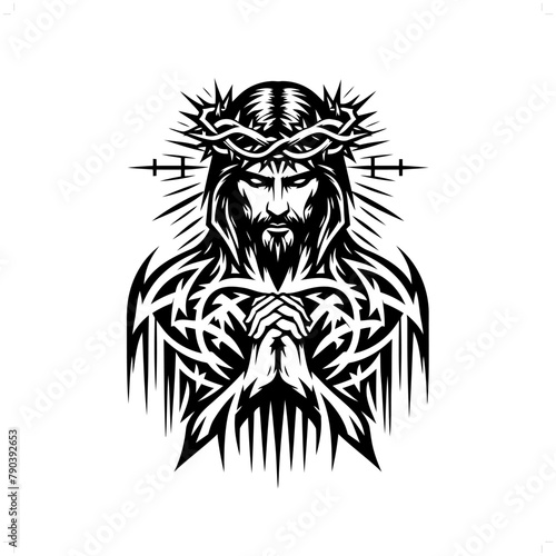 jesus in modern tribal tattoo, abstract line art of people, minimalist contour. Vector