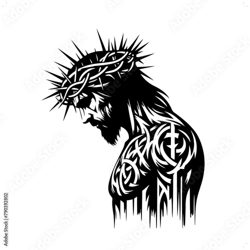 jesus in modern tribal tattoo, abstract line art of people, minimalist contour. Vector