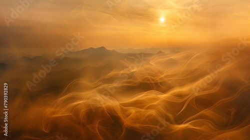 Mysterious wisps of sepia smoke drifting across an orange twilight sky, enveloping the landscape in a shroud of enigmatic beauty and ethereal charm.  photo