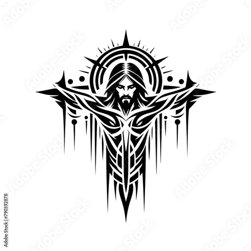 jesus in modern tribal tattoo, abstract line art of people, minimalist contour. Vector