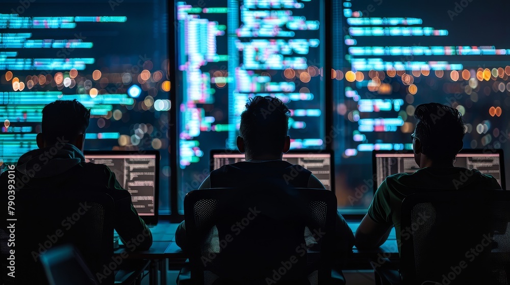 System Administrator Working in a Dark Research Facility on a Computer with Multiple Displays System Administrator Working in a Dark Research Facility on a Computer with Multiple Displays