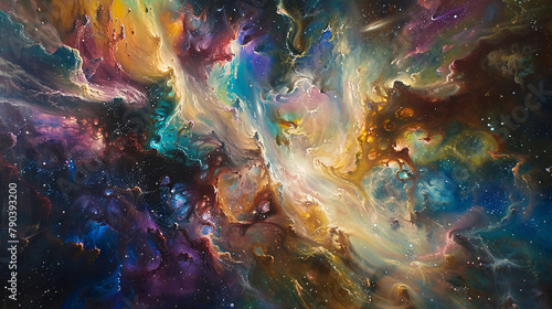 Prismatic fusion, brushes unleash cosmic reveries on canvas. 