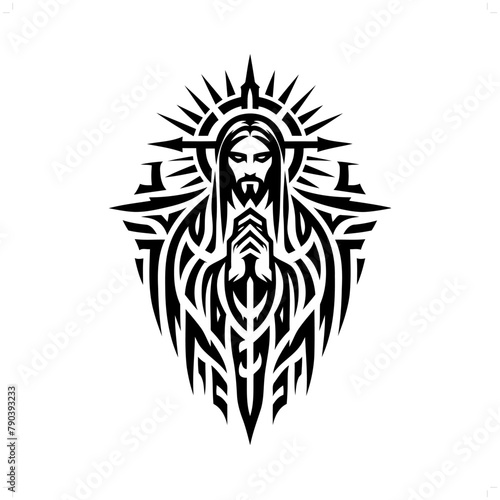 jesus in modern tribal tattoo, abstract line art of people, minimalist contour. Vector