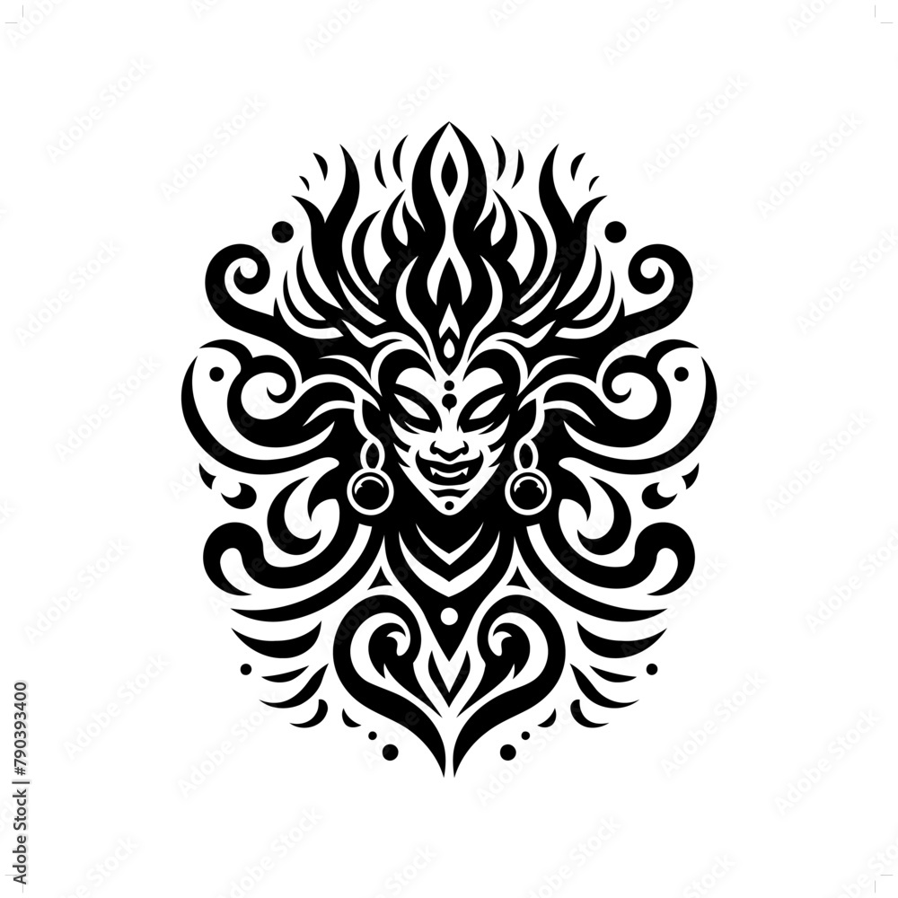 kali; deity mythology in modern tribal tattoo, abstract line art of people, minimalist contour. Vector