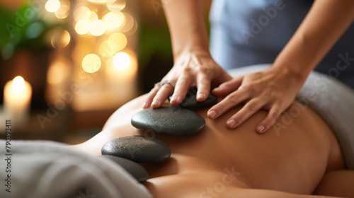 Hot Stone Massage Therapy on Back with Skilled Practitioner Hands