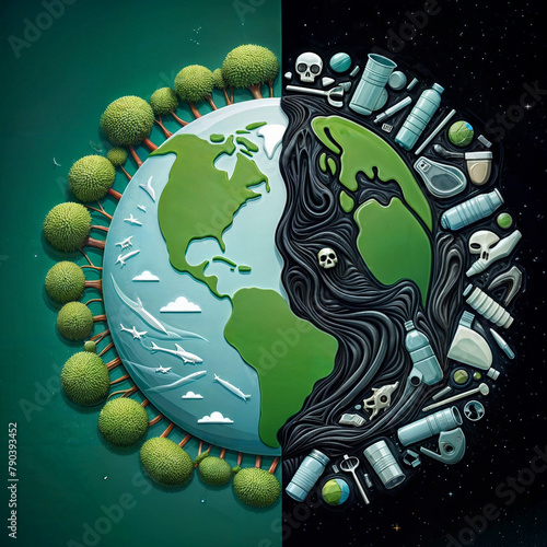 illustration for earth day with a planet vs. plastics concept for social media poster or card created with generative ai  © Chaudhry