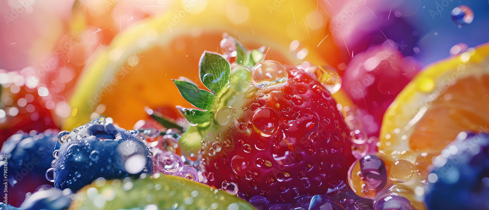 Strawberries and berries with fresh water droplets