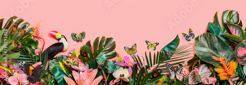Background : A vivid composition features a toucan among tropical plants, flowers, and butterflies, set against a pastel background	