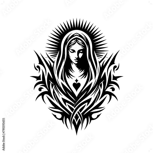 virgin mary in modern tribal tattoo, abstract line art of people, minimalist contour. Vector