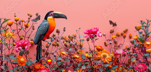 Background : A vivid composition features a toucan among tropical plants, flowers, and butterflies, set against a pastel background	
