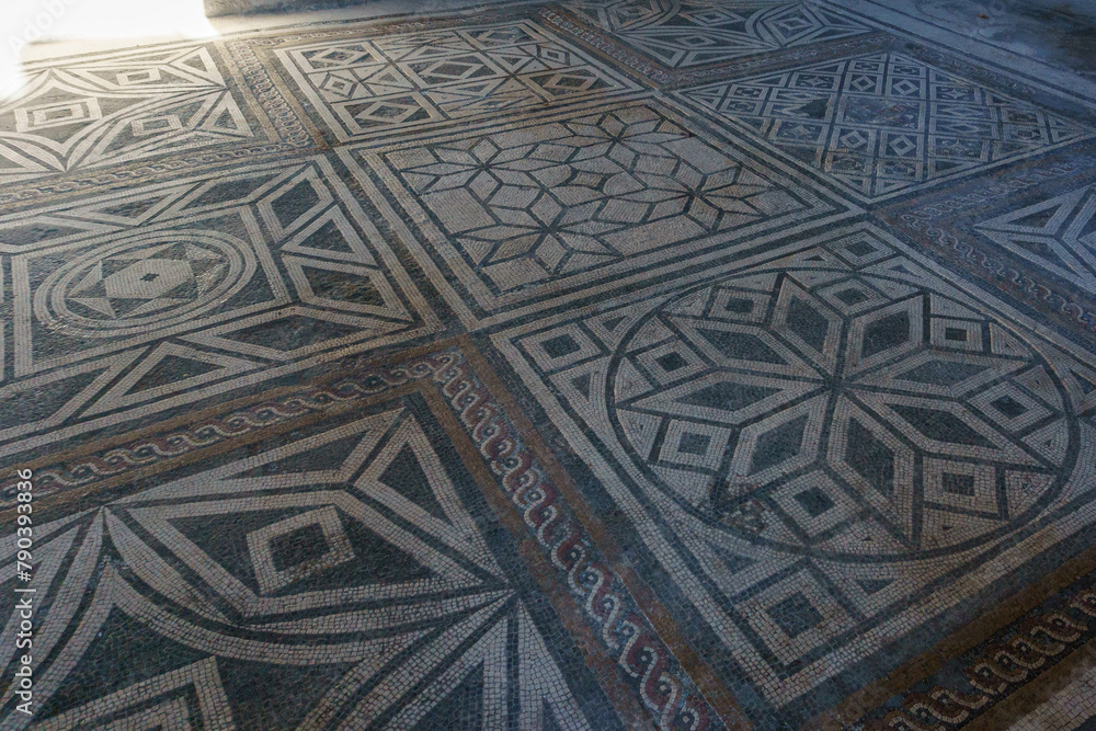 Floor with mosaic inside a ancient roman building at the ruins of Pompeii, Campania, Italy
