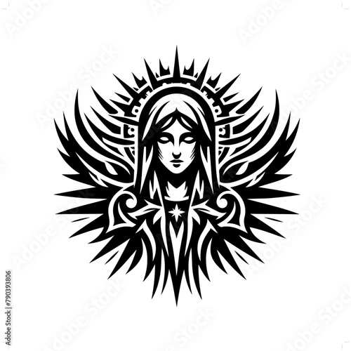 virgin mary in modern tribal tattoo, abstract line art of people, minimalist contour. Vector