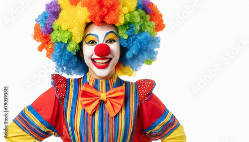 Female Clown from a circus in a colorful and fun costume, isolated on white. photo