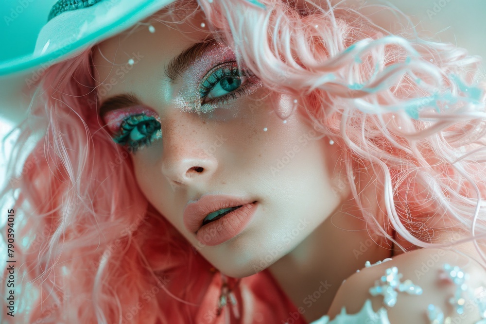  Close up portrait of an eccentric woman with pastel pink hair in the style of haute couture posing for the camera, turquoise and white colors, glittery elements, wearing a crystal studded cowboy hat.