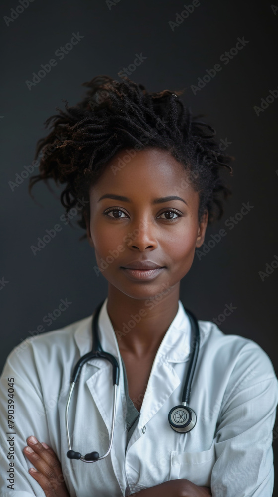 Fototapeta premium Doctor, African woman and arms crossed in portrait for healthcare, wellness or job in hospital. Medic, staff and person with stethoscope, confidence and service in medical career at clinic in Toronto