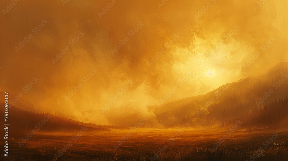 Rustic wisps of hazelnut smoke drifting through a sunset orange sky, casting a veil of nostalgia and tranquility over the landscape below. 