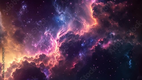 A vibrant sky filled with stars and clouds stretching across the horizon in a breathtaking display of natures beauty, Space scene featuring a celestial cloud in vibrant hues photo