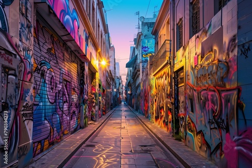 Twilight Harmony in an Urban Street Art Corridor     Picture a narrow street transformed into an art gallery  where the walls are canvas to a symphony of vibrant street art.