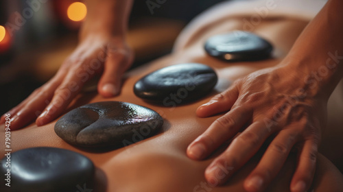 Hot Stone Massage Therapy on Back with Skilled Practitioner Hands