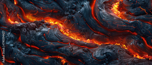 Detailed texture of cooled lava with fiery cracks