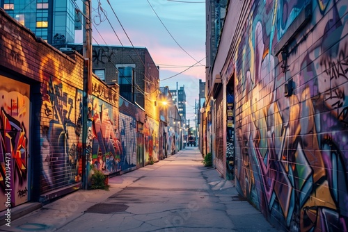 Twilight Harmony in an Urban Street Art Corridor – Picture a narrow street transformed into an art gallery, where the walls are canvas to a symphony of vibrant street art. photo