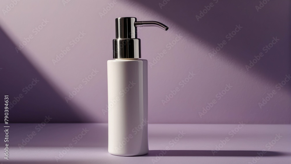 White soap dispenser on a purple background with a sleek design White soap dispenser on a purple background with a sleek design