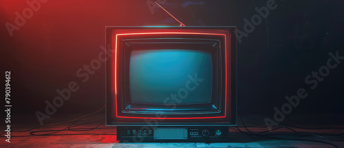 Retro television with red neon outline in darkness