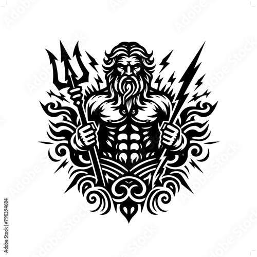 poseidon; deity mythology in modern tribal tattoo, abstract line art of deity, minimalist contour. Vector