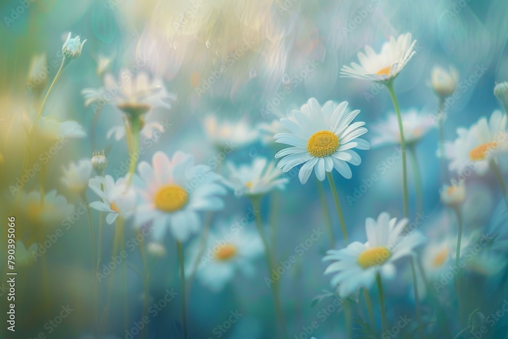 Field of daisies on blue background, a beautiful natural landscape